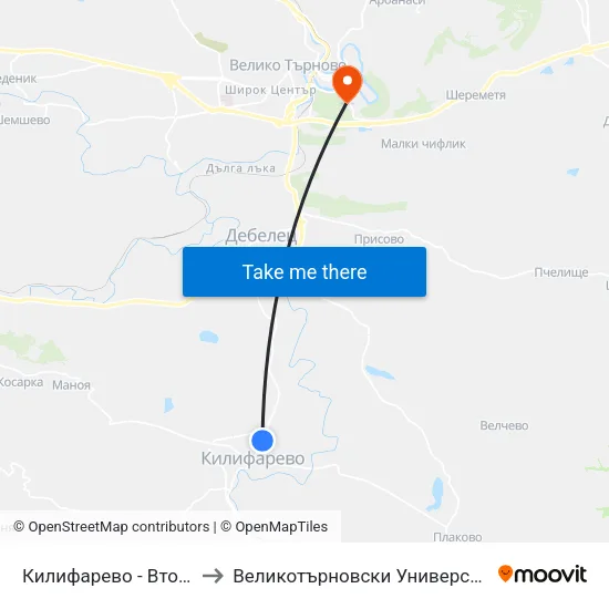 Килифарево - Втора / Kilifarovo - Second to Великотърновски Университет ""Св. Св. Кирил И Методий"" map