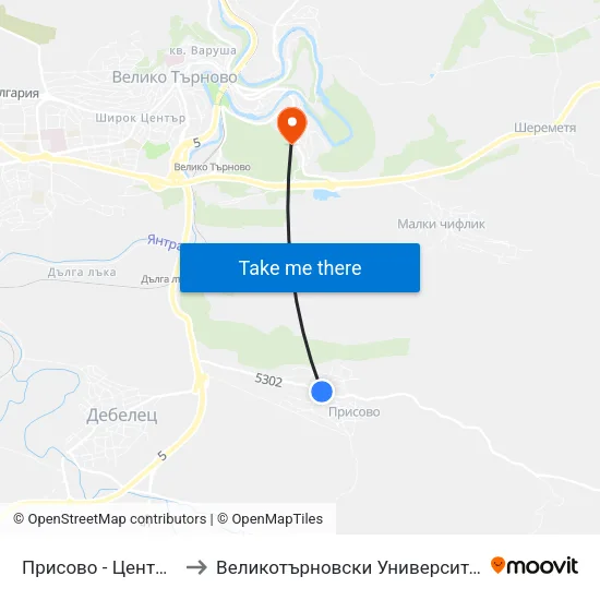 Присово - Център / Prisovo - Centre to Великотърновски Университет ""Св. Св. Кирил И Методий"" map