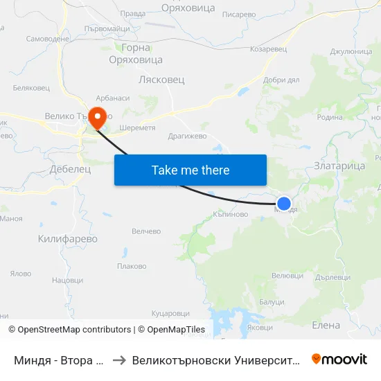 Миндя - Втора / Mindya - Second to Великотърновски Университет ""Св. Св. Кирил И Методий"" map