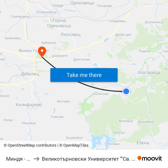 Миндя - Център to Великотърновски Университет ""Св. Св. Кирил И Методий"" map