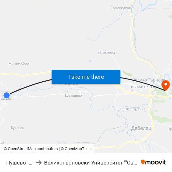 Пушево - Център / Pushevo - Centre to Великотърновски Университет ""Св. Св. Кирил И Методий"" map