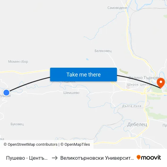 Пушево - Център / Pushevo - Centre to Великотърновски Университет ""Св. Св. Кирил И Методий"" map
