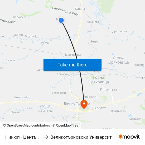 Никюп - Център / Nikyup - Centre to Великотърновски Университет ""Св. Св. Кирил И Методий"" map