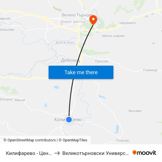 Килифарево - Център / Kilifarevo - Centre to Великотърновски Университет ""Св. Св. Кирил И Методий"" map