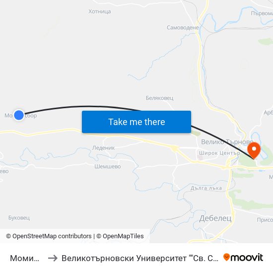 Момин Сбор - Център / Momin Sbor - Centre to Великотърновски Университет ""Св. Св. Кирил И Методий"" map