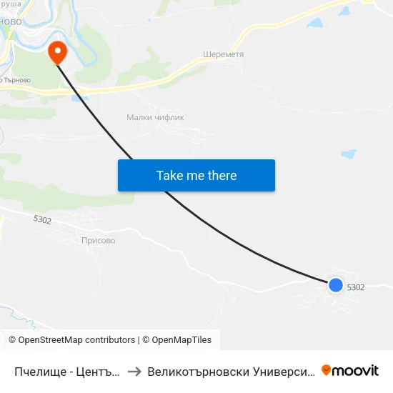 Пчелище - Център / Pchelishte - Centre to Великотърновски Университет ""Св. Св. Кирил И Методий"" map
