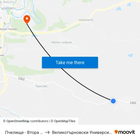 Пчелище - Втора / Pchelishte - Second to Великотърновски Университет ""Св. Св. Кирил И Методий"" map
