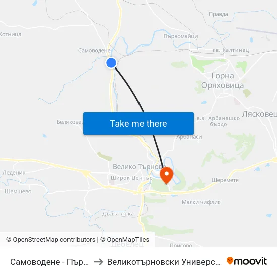 Самоводене - Първа / Samovodene - First to Великотърновски Университет ""Св. Св. Кирил И Методий"" map