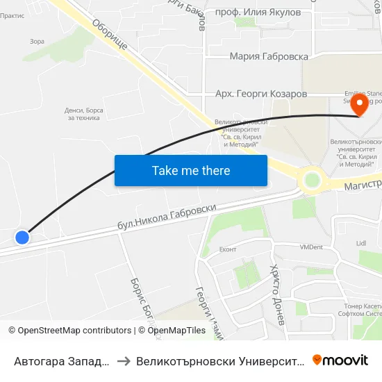 Автогара Запад / West Bus Station to Великотърновски Университет ""Св. Св. Кирил И Методий"" map