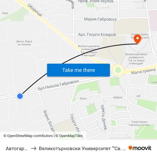 Автогара Запад / West Bus Station to Великотърновски Университет ""Св. Св. Кирил И Методий"" map