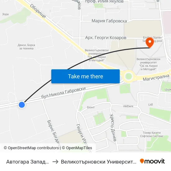 Автогара Запад / West Bus Station to Великотърновски Университет ""Св. Св. Кирил И Методий"" map