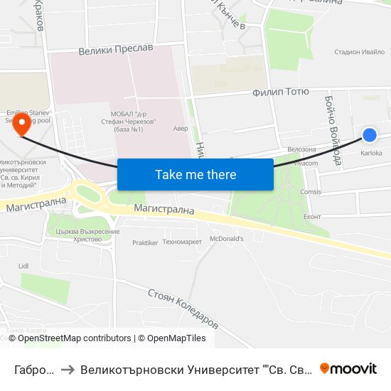 Габровски / Gabrovski to Великотърновски Университет ""Св. Св. Кирил И Методий"" map