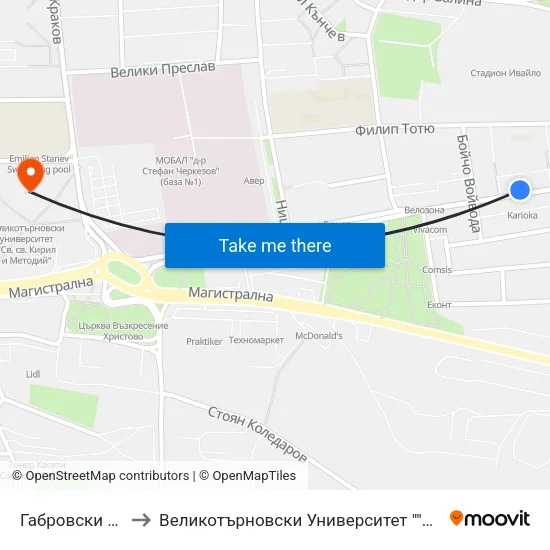 Габровски / Gabrovski to Великотърновски Университет ""Св. Св. Кирил И Методий"" map