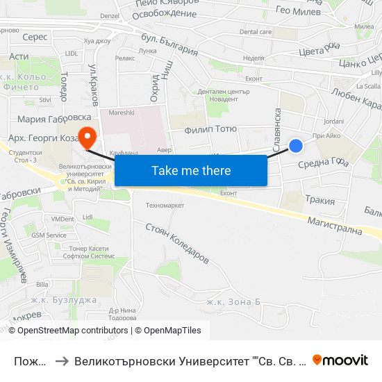 Пожарна / Fire Department to Великотърновски Университет ""Св. Св. Кирил И Методий"" map