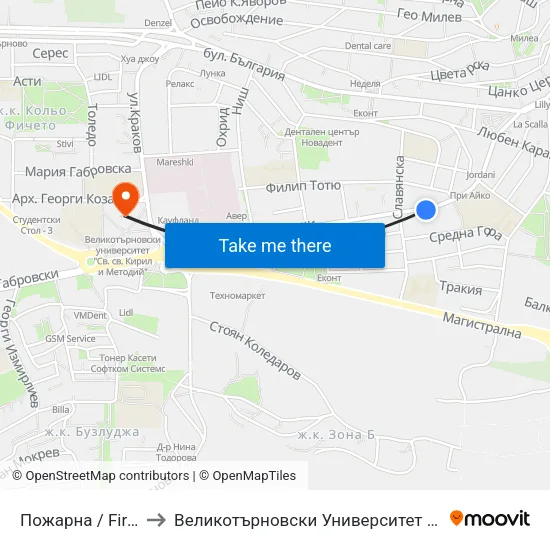 Пожарна / Fire Department to Великотърновски Университет ""Св. Св. Кирил И Методий"" map