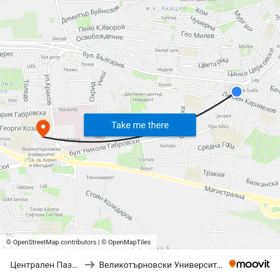 Централен Пазар / Central Market to Великотърновски Университет ""Св. Св. Кирил И Методий"" map