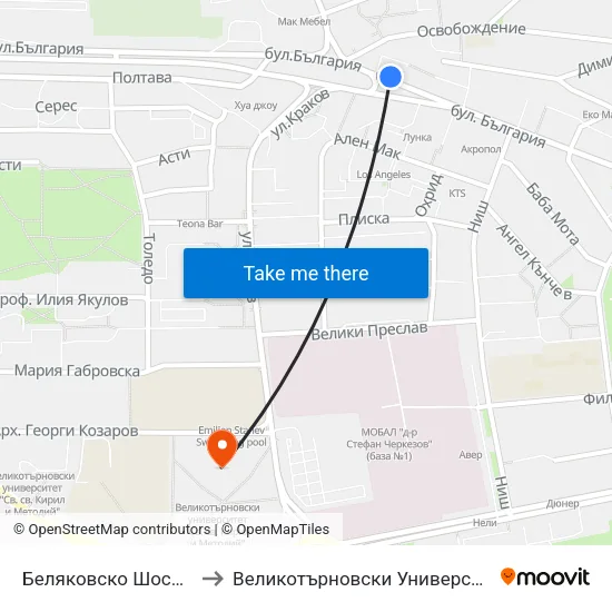 Беляковско Шосе / Belyakovsko Shosse to Великотърновски Университет ""Св. Св. Кирил И Методий"" map