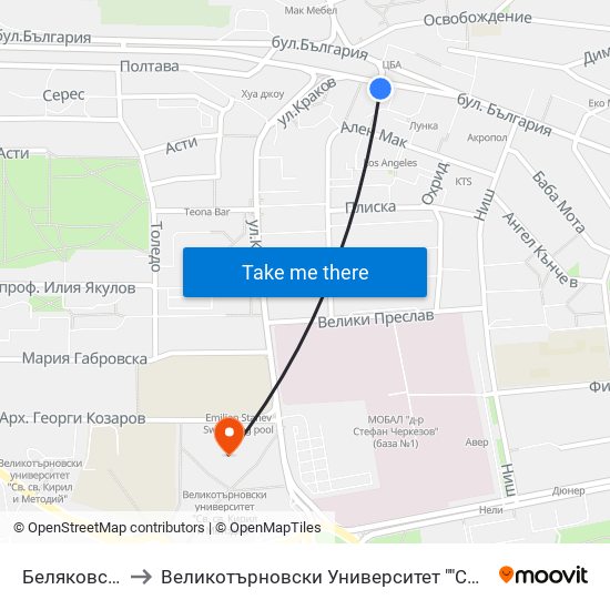 Беляковско Шосе to Великотърновски Университет ""Св. Св. Кирил И Методий"" map