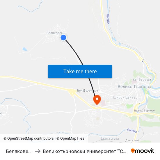 Беляковец - Втора to Великотърновски Университет ""Св. Св. Кирил И Методий"" map