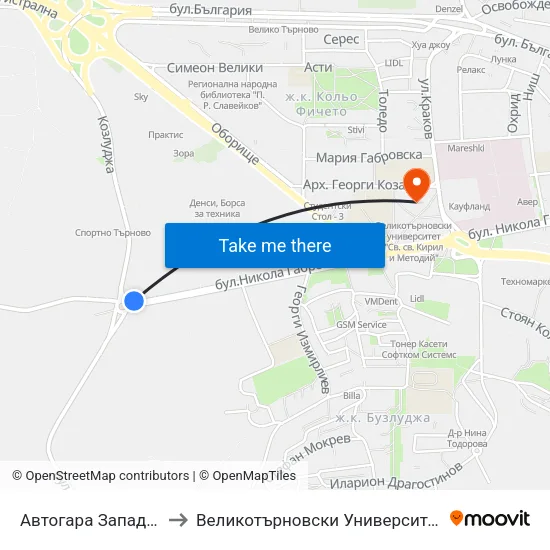 Автогара Запад / West Bus Station to Великотърновски Университет ""Св. Св. Кирил И Методий"" map