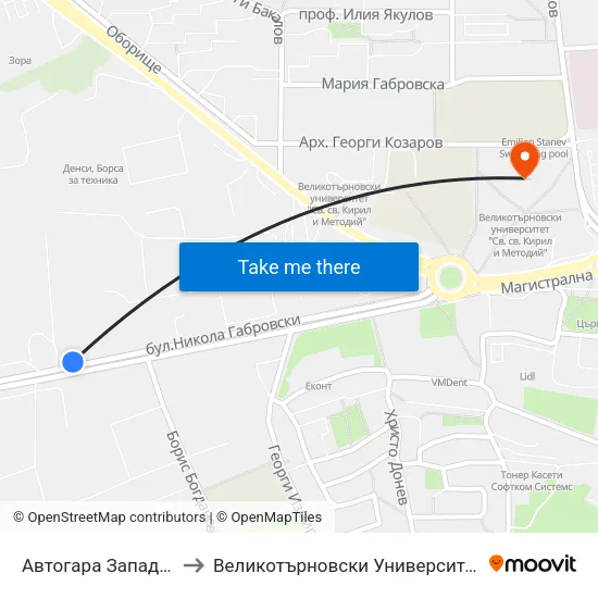 Автогара Запад / West Bus Station to Великотърновски Университет ""Св. Св. Кирил И Методий"" map