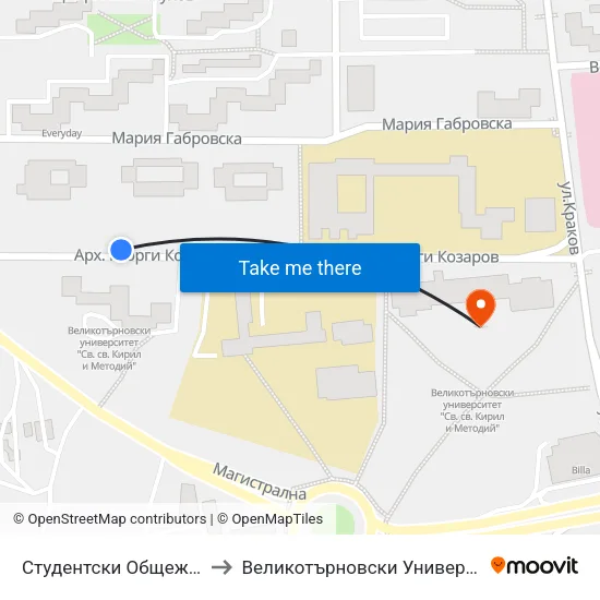 Студентски Общежития / Student Dormitories to Великотърновски Университет ""Св. Св. Кирил И Методий"" map