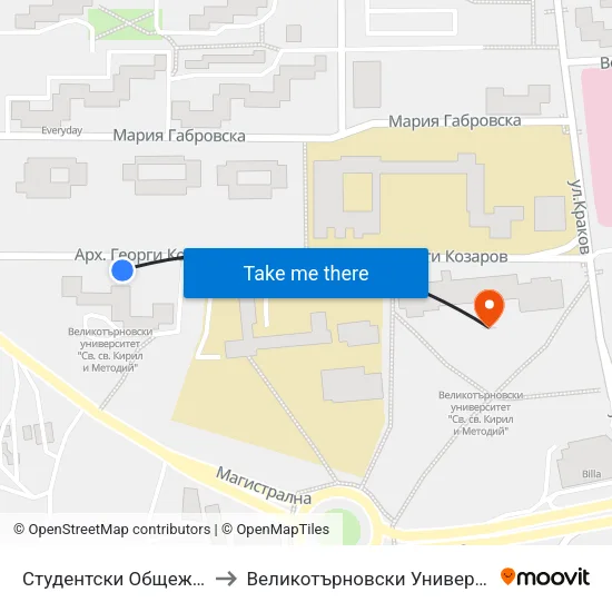 Студентски Общежития / Student Dormitories to Великотърновски Университет ""Св. Св. Кирил И Методий"" map