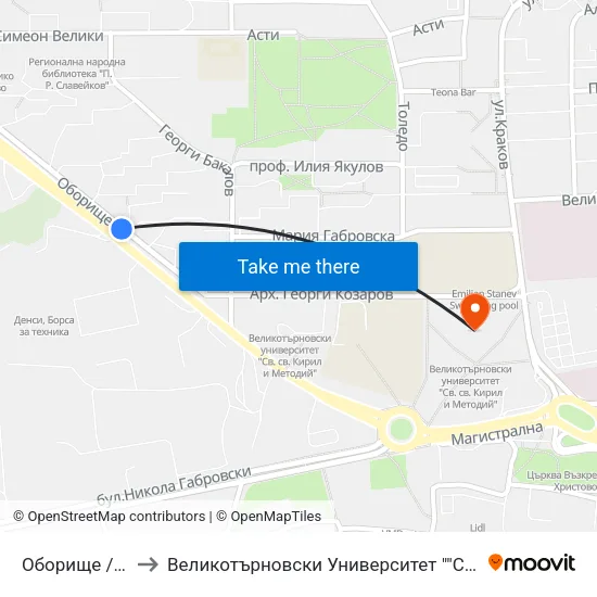 Оборище / Oborishte to Великотърновски Университет ""Св. Св. Кирил И Методий"" map