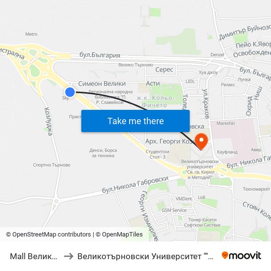 Mall Велико Търново to Великотърновски Университет ""Св. Св. Кирил И Методий"" map