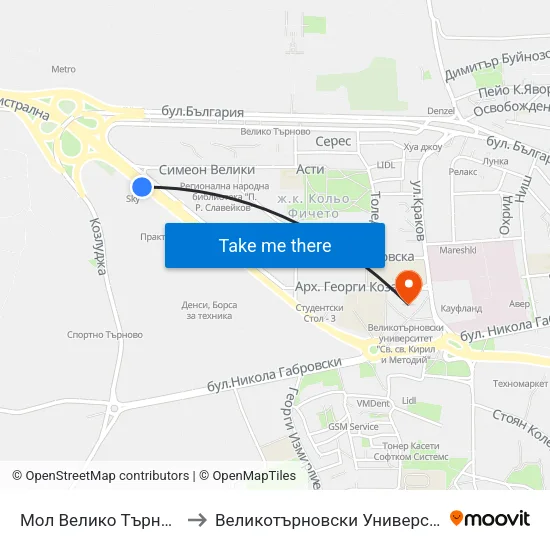 Мол Велико Търново / Mall Veliko Tarnovo to Великотърновски Университет ""Св. Св. Кирил И Методий"" map