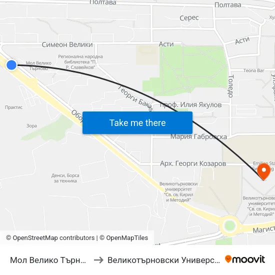 Мол Велико Търново / Mall Veliko Tarnovo to Великотърновски Университет ""Св. Св. Кирил И Методий"" map