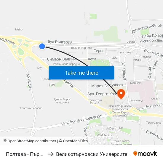 Полтава - Първа / Poltava - First to Великотърновски Университет ""Св. Св. Кирил И Методий"" map