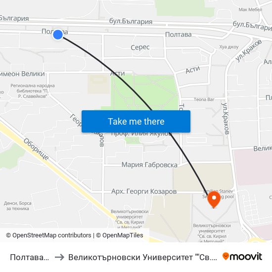 Полтава - Втора to Великотърновски Университет ""Св. Св. Кирил И Методий"" map