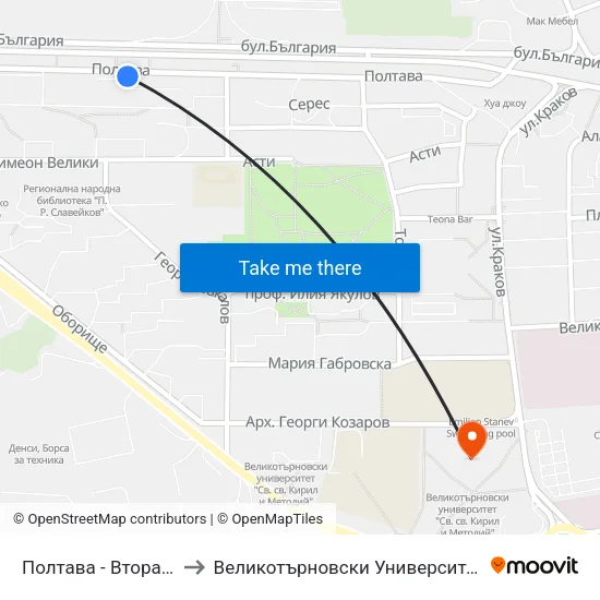 Полтава - Втора / Poltava - Second to Великотърновски Университет ""Св. Св. Кирил И Методий"" map