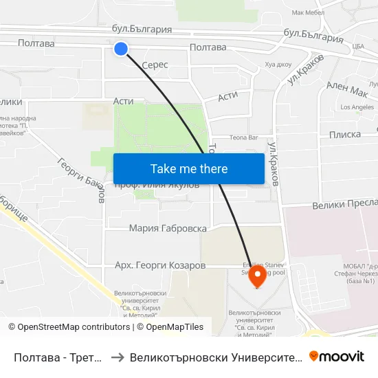 Полтава - Трета / Poltava - Third to Великотърновски Университет ""Св. Св. Кирил И Методий"" map