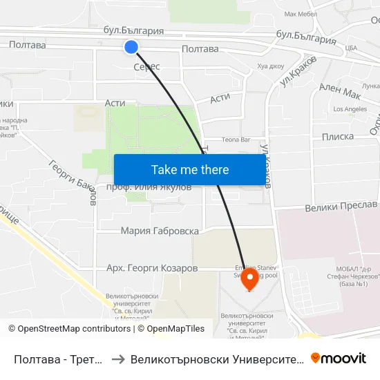 Полтава - Трета / Poltava - Third to Великотърновски Университет ""Св. Св. Кирил И Методий"" map