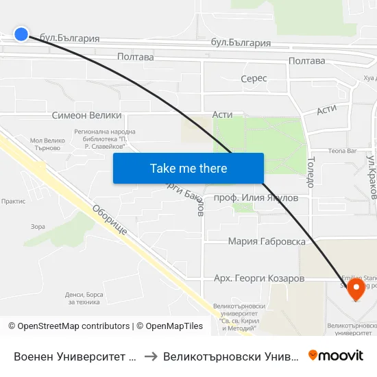 Военен Университет - Първа / Military University - First to Великотърновски Университет ""Св. Св. Кирил И Методий"" map