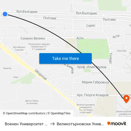Военен Университет - Първа / Military University - First to Великотърновски Университет ""Св. Св. Кирил И Методий"" map