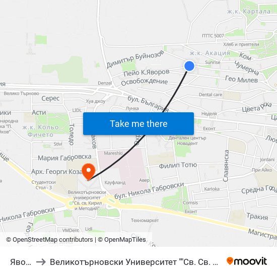 Яворов to Великотърновски Университет ""Св. Св. Кирил И Методий"" map