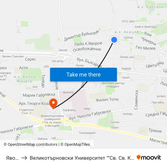 Яворов to Великотърновски Университет ""Св. Св. Кирил И Методий"" map