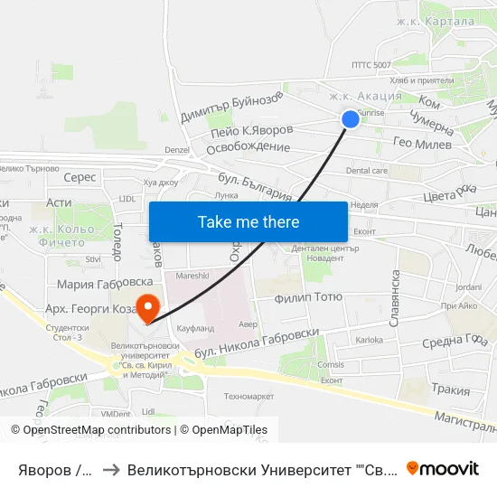 Яворов / Yavorov to Великотърновски Университет ""Св. Св. Кирил И Методий"" map