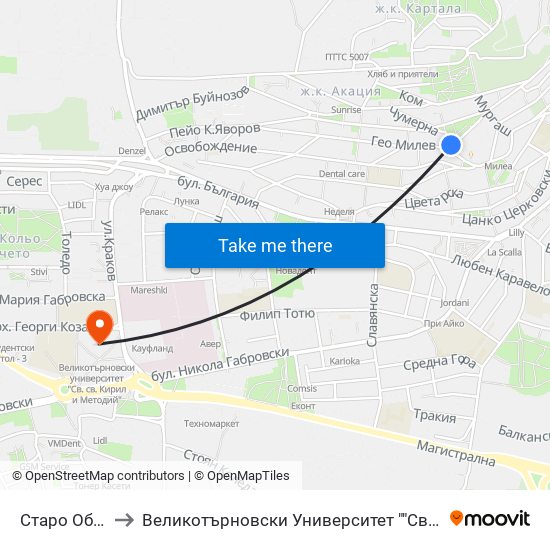 Старо Обръщало to Великотърновски Университет ""Св. Св. Кирил И Методий"" map