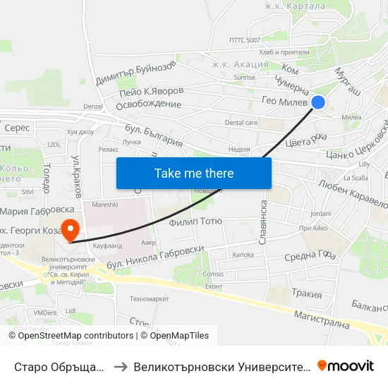 Старо Обръщало / Old Terminus to Великотърновски Университет ""Св. Св. Кирил И Методий"" map