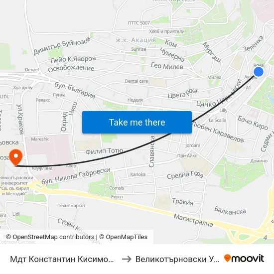 Мдт Константин Кисимов / Konstantin Kisimov Musical And Dramatic Theatre to Великотърновски Университет ""Св. Св. Кирил И Методий"" map