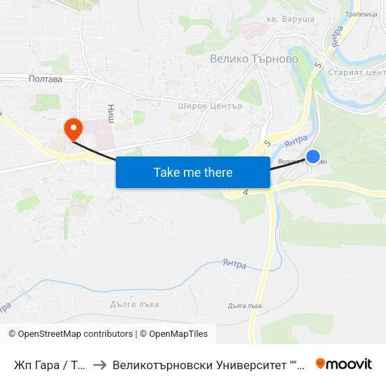 Жп Гара / Train Station to Великотърновски Университет ""Св. Св. Кирил И Методий"" map