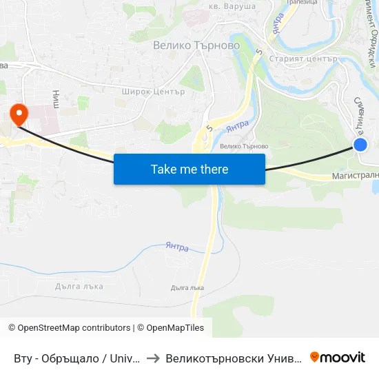 Вту - Обръщало / University Of Veliko Tarnovo - Terminus to Великотърновски Университет ""Св. Св. Кирил И Методий"" map