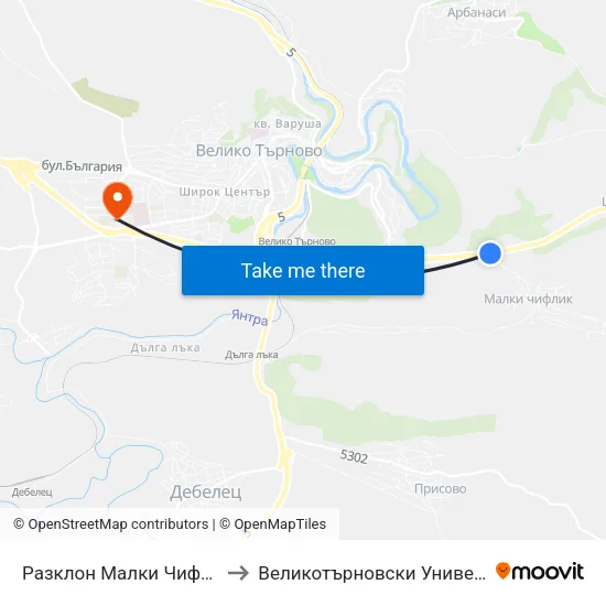 Разклон Малки Чифлик / Fork Road For Malki Chiflik to Великотърновски Университет ""Св. Св. Кирил И Методий"" map