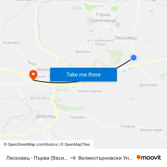 Лясковец - Първа (Васил Левски) / Lyaskovets - First (Vasil Levski) to Великотърновски Университет ""Св. Св. Кирил И Методий"" map