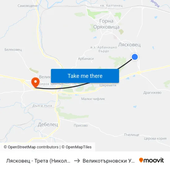 Лясковец - Трета (Никола Усенлиев) / Lyaskovets - Third (Nikola Usenliev) to Великотърновски Университет ""Св. Св. Кирил И Методий"" map