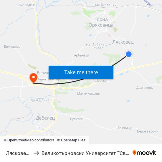 Лясковец - Трета to Великотърновски Университет ""Св. Св. Кирил И Методий"" map